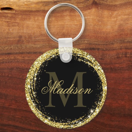 Glanzende zwarte gouden glinsterende monogramnaam sleutelhanger (Voorkant)