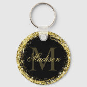 Glanzende Zwarte Gouden Glitter Monogram Naam Sleutelhanger (Voorkant)