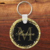 Glanzende Zwarte Gouden Glitter Monogram Naam Sleutelhanger (Voorkant)