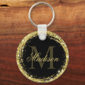 Glanzende Zwarte Gouden Glitter Monogram Naam Sleutelhanger (Voorkant)