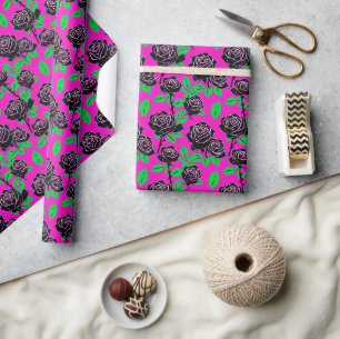Glanzende Zwarte Rozen Op Een Heet Roze Achtergron Cadeaupapier