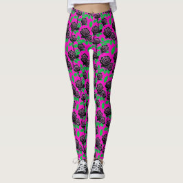 Glanzende Zwarte Rozen Op Een Heet Roze Achtergron Leggings