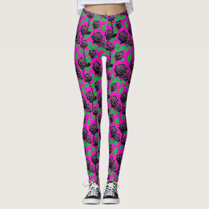 Glanzende Zwarte Rozen Op Een Heet Roze Achtergron Leggings