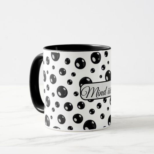 Glanzende Zwarte Stippenmok – Modern Minimalistisc Mok (Voorkant links)