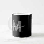 Glanzende Zwarte Witte Naam Monogram Koffiemok (Voorkant links)