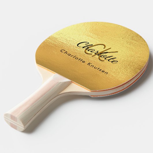 Glanzrijke naam in gouden monogram tafeltennisbatje (Voorkant Gekanteld)