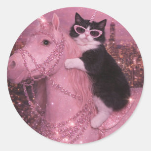 Glanzuiver Eenhoornkat Onder Fonkelende Stad Ronde Sticker