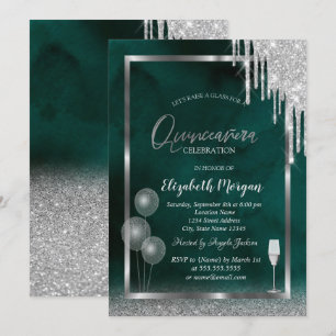 Glas,Ballonnen,Glitterdruppels,Groene Quinceañera Kaart