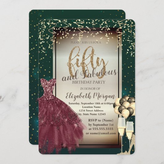 Glas, ballonnen, rode dress, groene 50e verjaardag kaart (Voorkant / Achterkant)