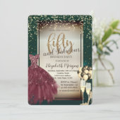 Glas, ballonnen, rode dress, groene 50e verjaardag kaart (Staand voorkant)