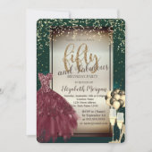 Glas, ballonnen, rode dress, groene 50e verjaardag kaart (Voorkant)