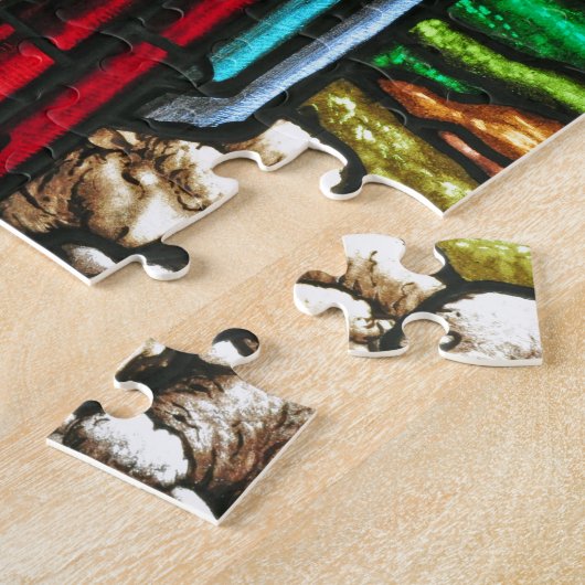 Glas in lood afbeelding van Jezus en lammeren Legpuzzel (Zijkant)