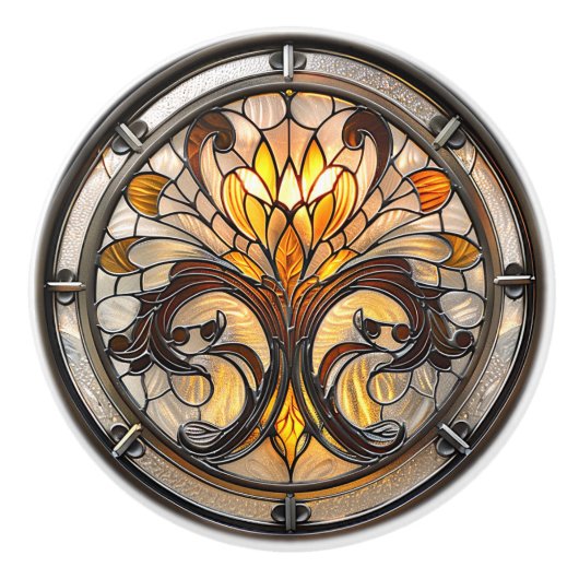 Glas in lood Amber Wit Bruin Art Deco Keramische Knop (Voorkant)