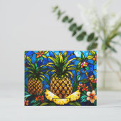 Glas in lood ananas en tropische bloemen briefkaart (Staand voorkant)