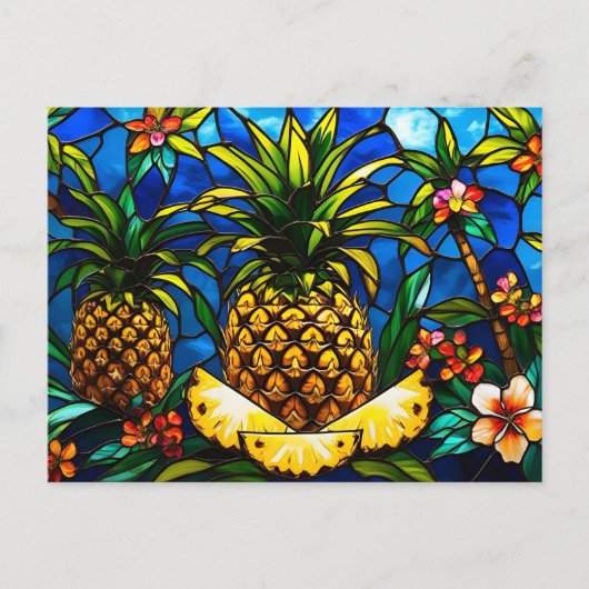 Glas in lood ananas en tropische bloemen briefkaart (Voorkant)