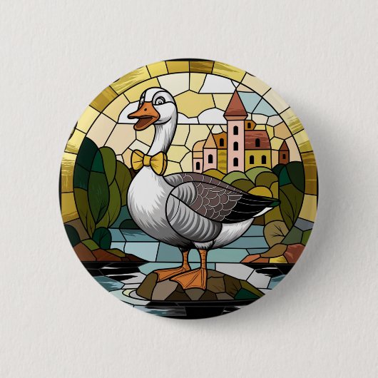 Glas in lood Art, Gekke Gans Glas in lood Ronde Button 5,7 Cm (Voorkant)