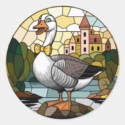 Glas in lood Art, Gekke Gans Glas in lood Ronde Sticker (Voorkant)