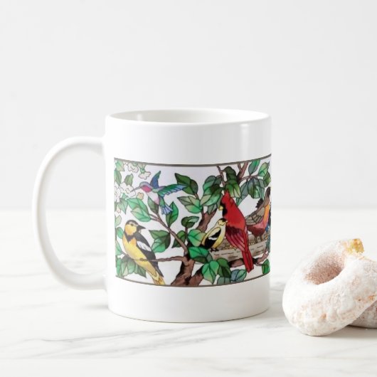 Glas in lood Art Mooie Bloesems & Vogels Koffiemok (Met donut)