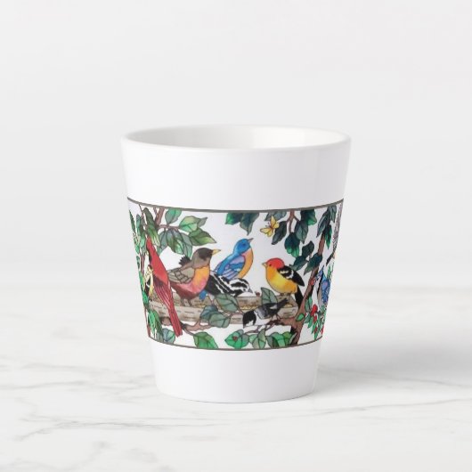 Glas in lood Art Mooie Bloesems & Vogels Latte Mok (Voorkant)