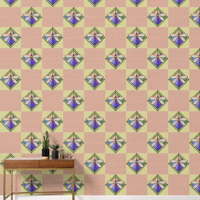 Glas in lood Art Nouveau vlinder op roze geel Behang (Hal)