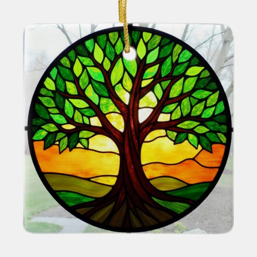 Glas in lood Art, Tree of Life Glas in lood Keramisch Ornament (Voorkant)
