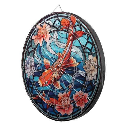 Glas in lood Aziatische Stijl Koi Vis en Camellias Dartbord (Voorkant Rechts)