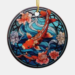 Glas in lood Aziatische Stijl Koi Vis en Camellias Keramisch Ornament