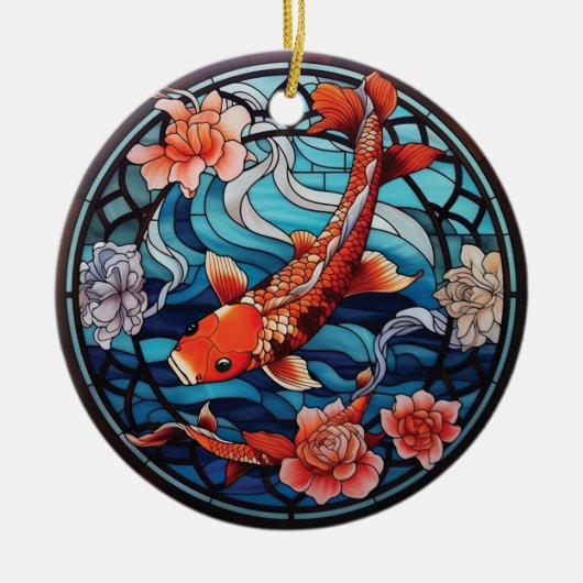 Glas in lood Aziatische Stijl Koi Vis en Camellias Keramisch Ornament (Voorkant)