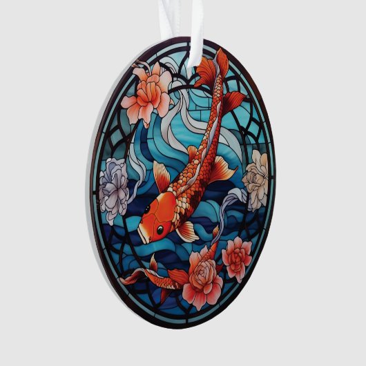 Glas in lood Aziatische Stijl Koi Vis en Camellias Ornament (voorkant)