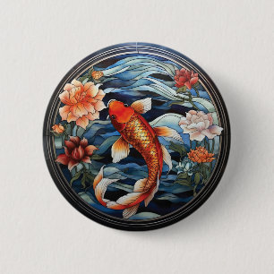 Glas in lood Aziatische Stijl Koi Vis en Camellias Ronde Button 5,7 Cm