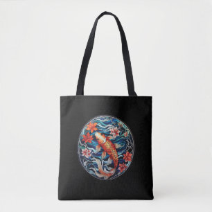 Glas in lood Aziatische Stijl Koi Vis en Camellias Tote Bag