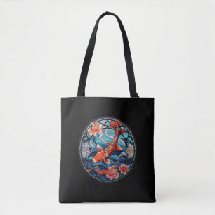 Glas in lood Aziatische Stijl Koi Vis en Camellias Tote Bag
