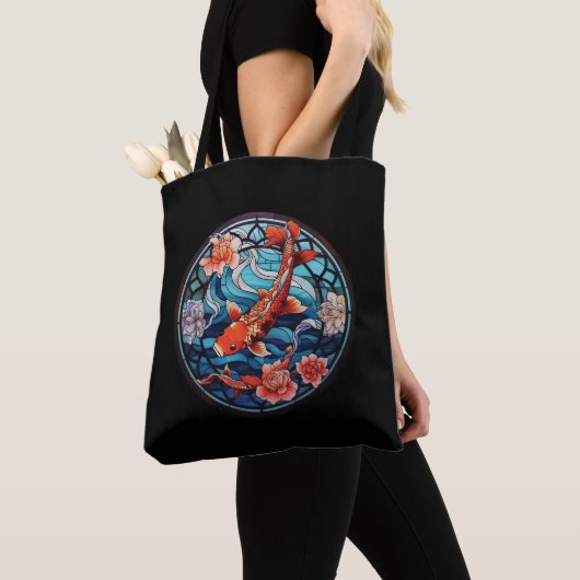 Glas in lood Aziatische Stijl Koi Vis en Camellias Tote Bag (Dichtbij)