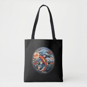 Glas in lood Aziatische Stijl Koi Vis en Camellias Tote Bag
