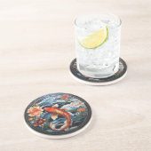 Glas in lood Aziatische Stijl Koi Vis en Camellias Zandsteen Onderzetter (Zijkant)