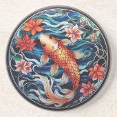 Glas in lood Aziatische Stijl Koi Vis en Camellias Zandsteen Onderzetter (Voorkant)