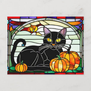 Glas in lood Black Cat met pompoenen Feestdagenkaart