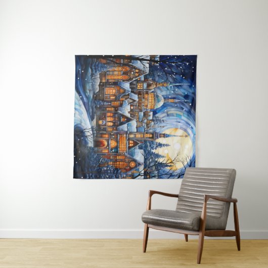 Glas in lood Blauw Kerstmis Tapestry Wandkleed (In Situ (horizontaal))