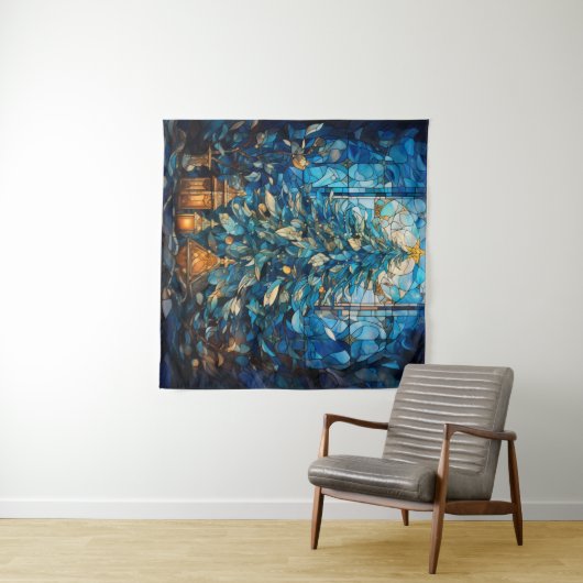 Glas in lood Blauw Kerstmis Tapestry Wandkleed (In Situ (horizontaal))