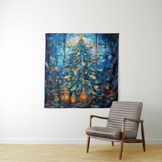 Glas in lood Blauw Kerstmis Tapestry Wandkleed (In situ)