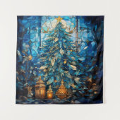 Glas in lood Blauw Kerstmis Tapestry Wandkleed (Voorkant)