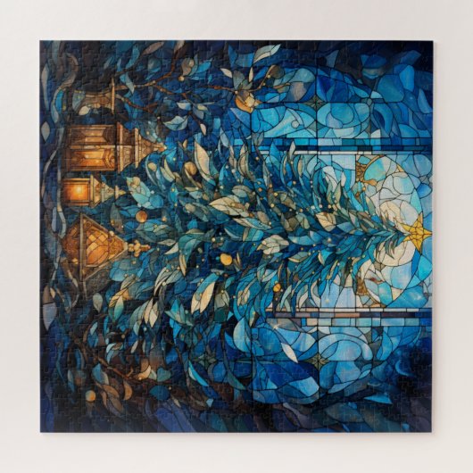 Glas in lood Blauwe Kerstpuzzel Legpuzzel (Horizontaal)