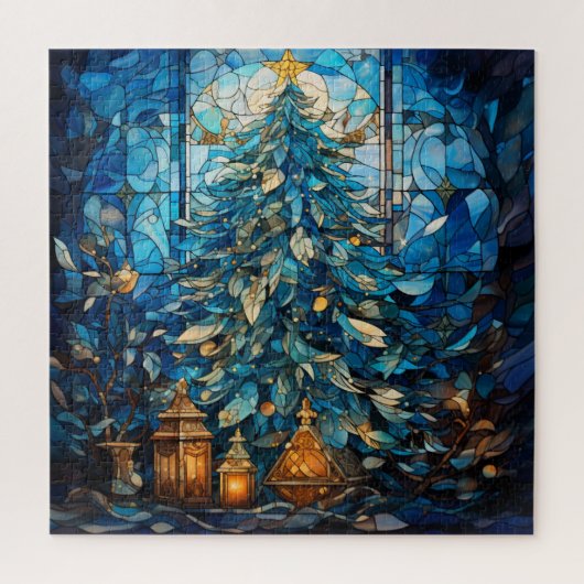 Glas in lood Blauwe Kerstpuzzel Legpuzzel (Verticaal)