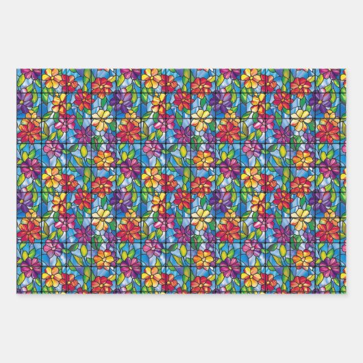 Glas in lood Bloemen en Blad Naadloos Patroon Inpakpapier Vel (Voorkant 3)