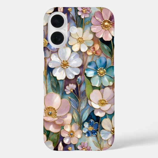 Glas-in-lood Bloemen iPhone Hoesje Pastel Blauw Ro (Achterkant)