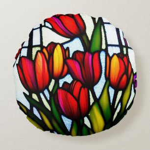 "Glas-in-lood Bloemen: Loodglas Tulpen in Kleur" Rond Kussen