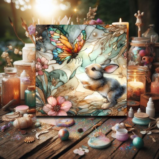 Glas in lood Bloemenkonijn Christelijk Pasen Feestdagenkaart