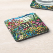 Glas-in-lood Bloementuin Monogram Drukrandenset Bier Onderzetter (Linkerzijde)