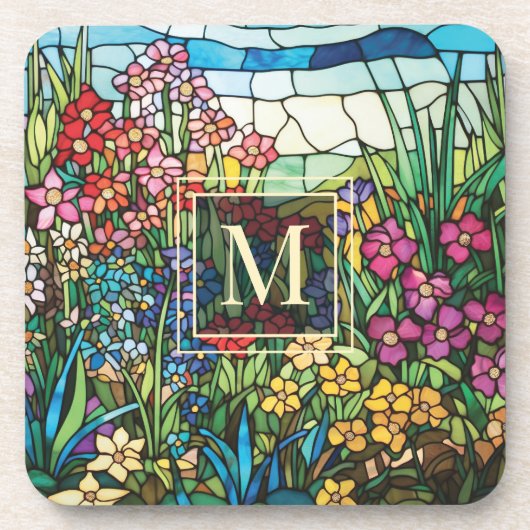 Glas-in-lood Bloementuin Monogram Drukrandenset Bier Onderzetter (Voorkant)