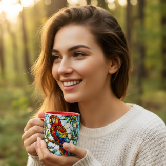 Glas-in-lood bloemschilderij mooie papegaai koffie mok
